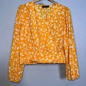 Lane Bryant Orange Floral Smocked Waist Wrap Blouse Top Womens Plus 16 L/S